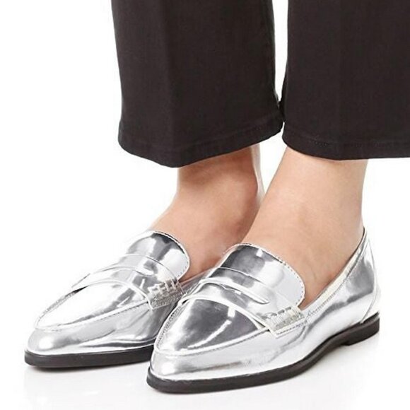 Michael Kors Connor Silver Metallic Patent Leather Penny Loafers 8M - Picture 2 of 12